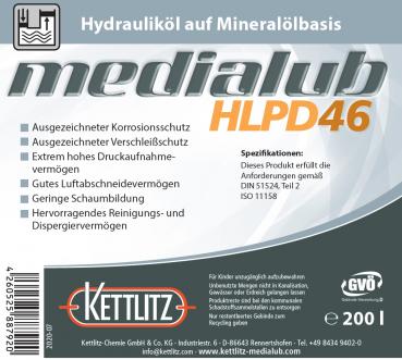 KETTLITZ-Medialub HLPD 46 Hydrauliköl auf Mineralölbasis - 200 Liter Fass